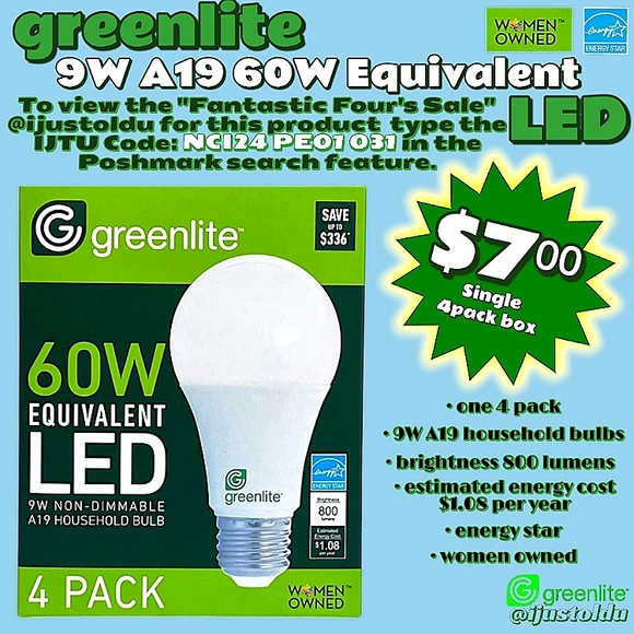 Greenlite 4pack of 9W A19 60W Equivalent LED Bright White Household Bulbs - Picture 1 of 16
